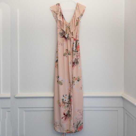 Plum Pretty Sugar Maxi Wrap Dress M/L Blush Floral Ruffle Rayon Boho Chic - Picture 1 of 5